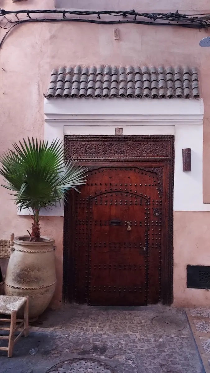 The whitewashed entrance of Rue Biadine: a dark studded door and a potted palm