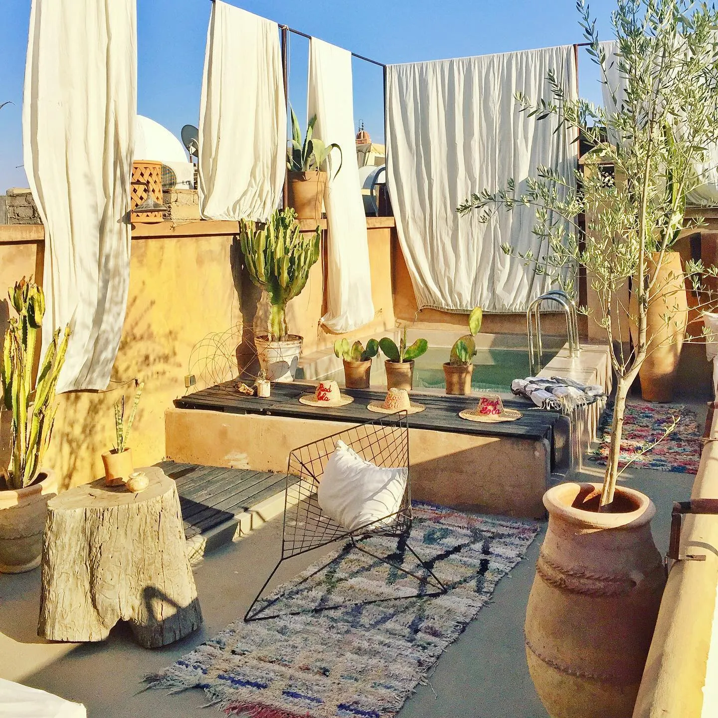 The rooftop at golden hour: turquoise plunge pool, potted cacti wearing straw hats embroidered Riad Lola, white drapes against the sky